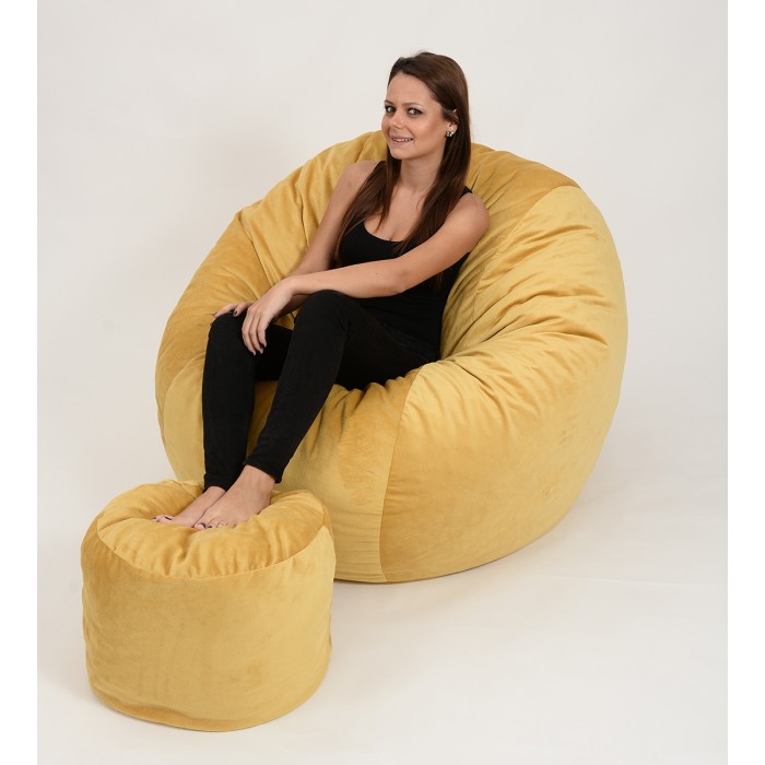 Комплект Pufrelax, Барбарон и табуретка за крака, 700л., King Size - Lemon, Перящ се калъф, Пълнеж с микс от мемори пяна и дунапрен, Трансформира се в легло, Гама Diamond - 1t