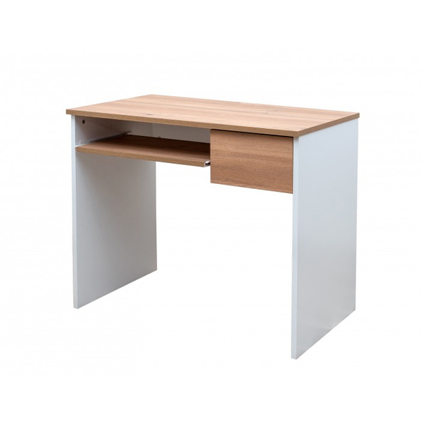 Бюро Sani PNDSK1 , 90x50x74.3 cm, С чекмедже, С издърпващ се плот, Бяло с Дъб - 1